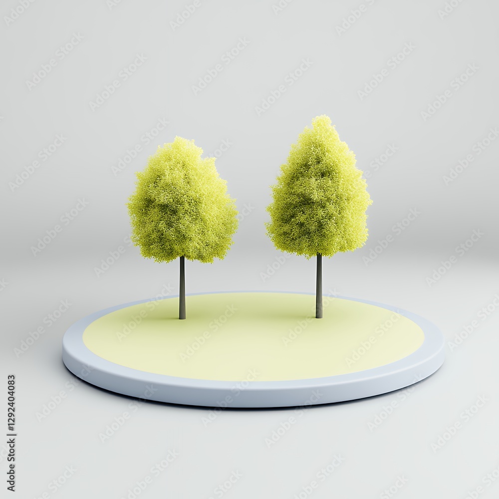 Poster two stylized lime green trees on circular base 3d render