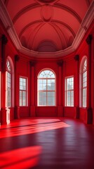 Obraz premium Grand hall with striking red walls, large arched windows, and elegant architectural details bathed in natural light, creating a luxurious and dramatic interior with a classical design