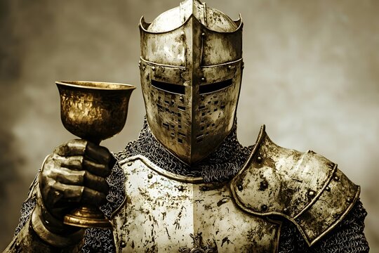 Fototapeta Medieval Knight in Full Armor Holding a Golden Chalice Historical Reenactment