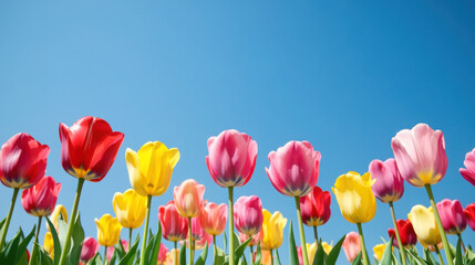 Vibrant spring landscape with colorful tulips at a festival under a clear blue sky