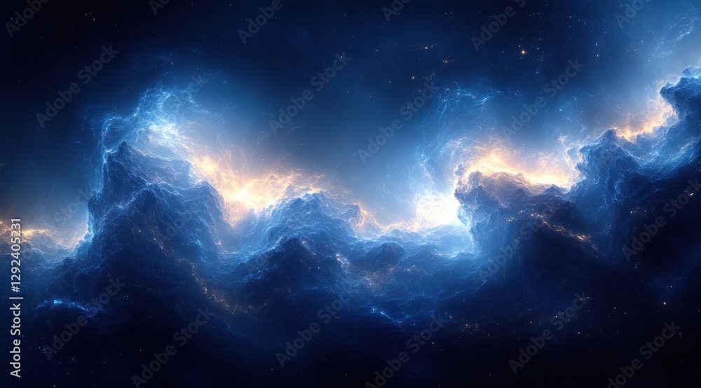 Poster abstract digital landscape with network lines and glowing points in blue futuristic style