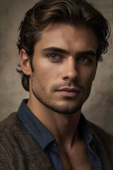 Obraz premium Handsome Dramatic Lighting Portrait of Attractive Dark-Haired Man with Intense Expression Editorial