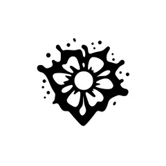 Black ink splash illustration, stylized flower with a central white circle, black and white background.