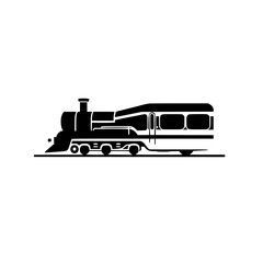 Vintage Steam Locomotive and Passenger Train Silhouette against White Background: A Black and White Illustration.