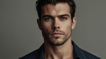Fototapeta premium Handsome Young Male Model with Wavy Dark Hair and Intense Gaze in Blue Shirt and Brown Cardigan Professional Editorial Portrait