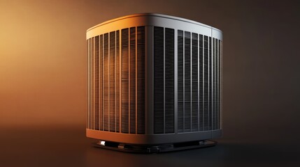Standalone residential heat pump on a striking orange and black gradient background, symbolizing modern HVAC.