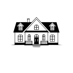 Black and white illustration of a house with a gable roof, featuring windows, a chimney, and minimalist style.