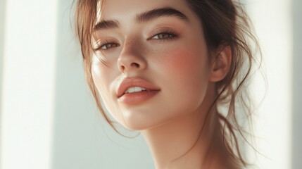 Naklejka premium Portrait of a woman with flawless skin showcasing natural beauty and grace in a softly lit setting. Generative AI