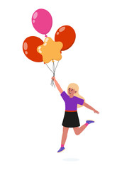 Happy child running with colorful balloons at a cheerful outdoor celebration