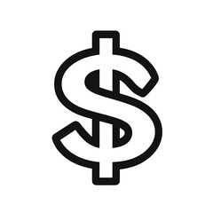 Dollar sign icon in black and white line art on white and transparent background, PNG.
