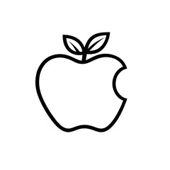 Simple black and white illustration of an apple with a leaf on white and transparent background. PNG.
