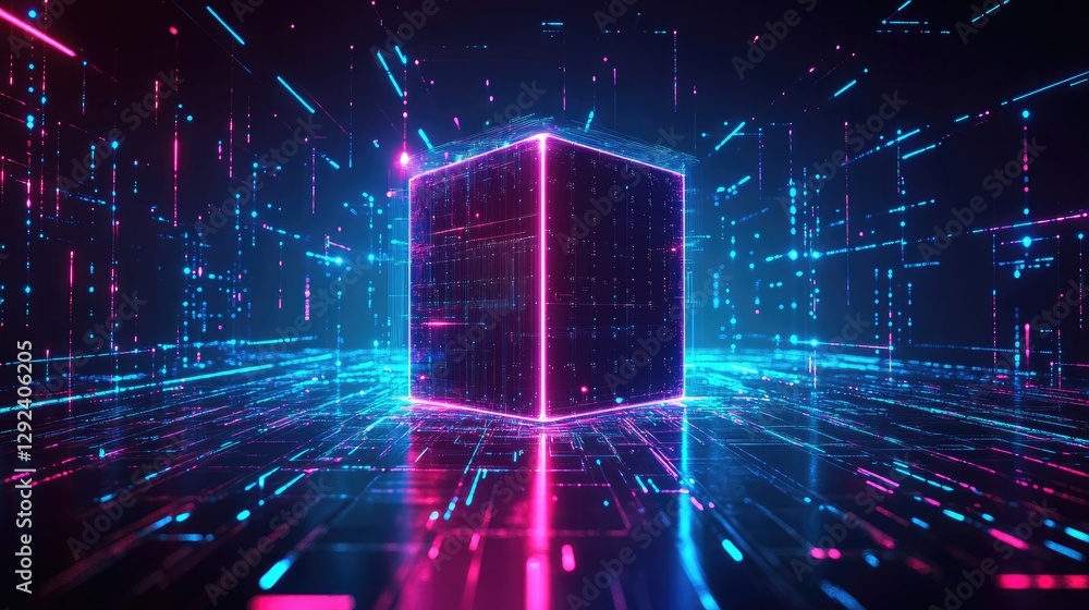Poster ultra-modern quantum computer processing unit on a neon cyan background, symbolizing ai integration.