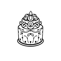 Elegant two-tiered wedding cake in a minimalist, clean black and white illustration with elaborate ornamentation, lines, and decorative details.