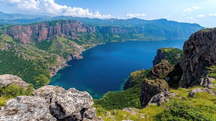 Mountain lake vista scenic landscape, aerial view, summer day
