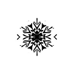 Black and white ink snowflake isolated on a white background. It's a symmetrical, wintery design in a circular format.