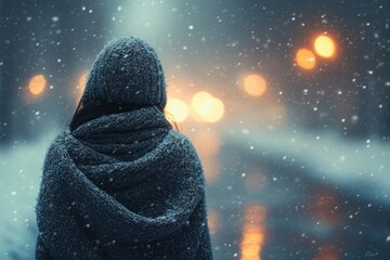 Winter Swimming Woman in Ice Water Wrapped in Towel and Swimwear in Snowy Forest Landscape