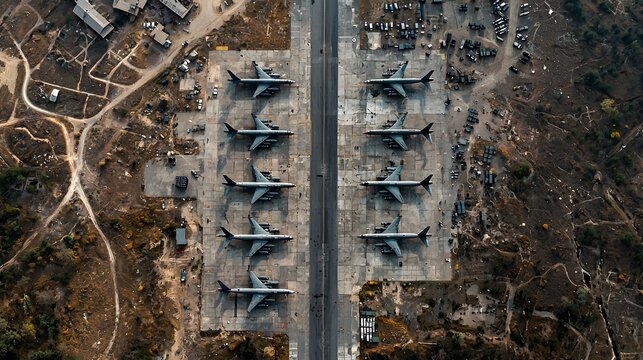 Aerial photography of military aircraft operations at high-altitude airbase