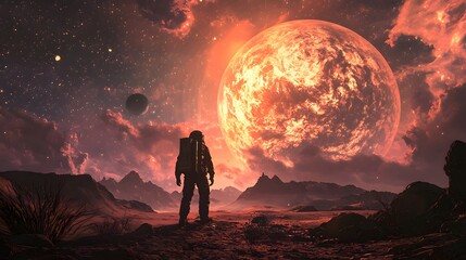 Fototapeta premium Astronaut discovers alien easter eggs on distant planet cosmic landscape digital art
