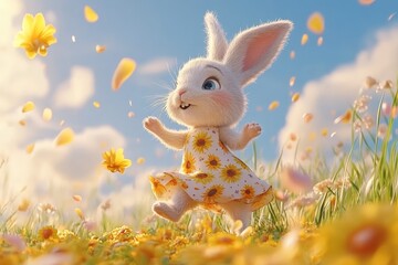 Fototapeta premium Happy rabbit enjoys a sunny day in a flower-filled meadow while wearing a bright dress