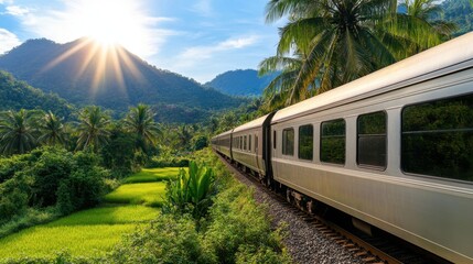 Scenic Train Journey Through Lush Greenery and Majestic Mountains