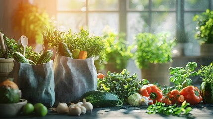 Fresh organic vegetables displayed in a bright kitchen food photography natural light