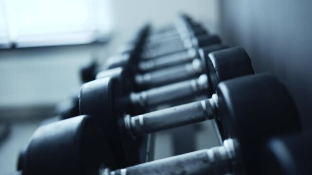 Row Of Weights In The Gym, Equipment For Bodybuilding And Strength Training