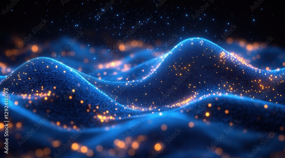 Poster futuristic abstract digital landscape with network lines and glowing points in deep blue
