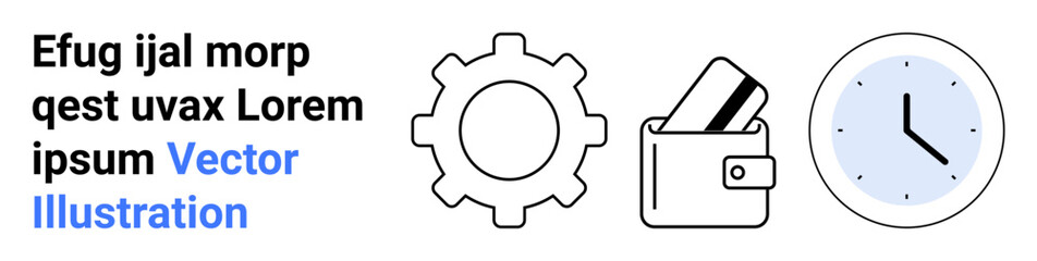 Gear, wallet with cards, and clock highlighting themes of efficiency, financial management, and time tracking. Ideal for productivity, finance, workplace, planning organization time management