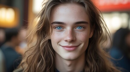 Obraz premium Natural portrait of a young person with long wavy hair and striking blue eyes, smiling warmly in a softly blurred urban setting, exuding confidence and friendliness