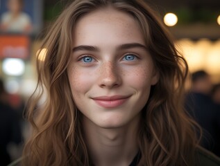 Obraz premium Natural portrait of a young person with long wavy hair and striking blue eyes, smiling warmly in a softly blurred urban setting, exuding confidence and friendliness