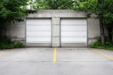 Naklejka premium Two Minimalist Garage Doors Set Against Green Foliage in a Concrete Environment