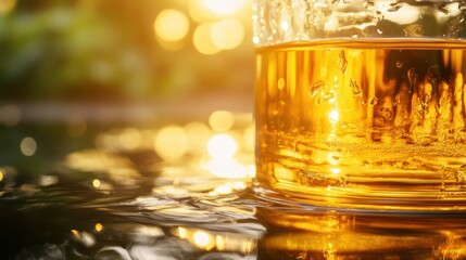 Golden beverage, sunset, water, reflection
