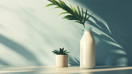 Milk bottle, plant, sunlit wall, decor