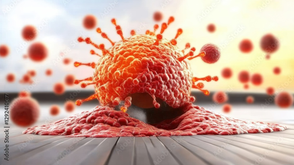Poster microscopic view of corona viruses and cells under a microscope in a studio setting with high detail