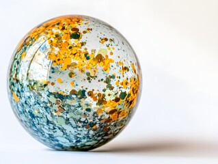 Colorful glass sphere with vibrant speckles against a soft white background, showcasing artistic design