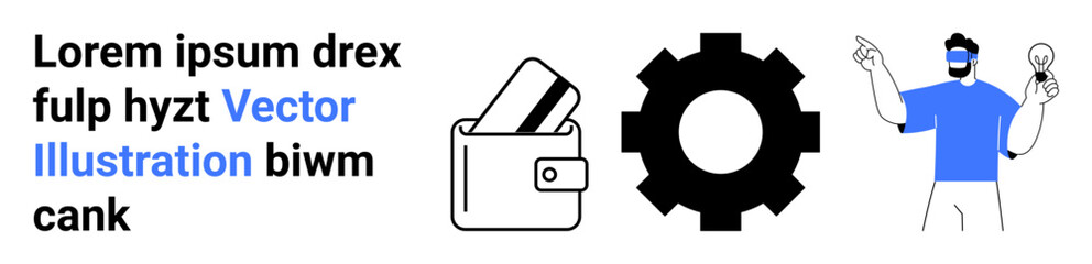 Man holding light bulb next to wallet with cards and gear icon. Ideal for innovation, finance, technology, solutions, creativity, problem-solving, digital transformation. Landing page