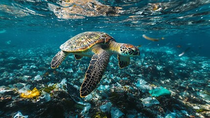 Obraz premium Sea Turtle Swimming Through Ocean Pollution