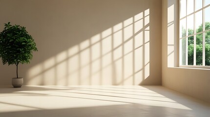 Minimalist interior with natural sunlight streaming through large window, casting geometric shadows on beige walls and floor, featuring a green potted plant in a modern tranquil space

