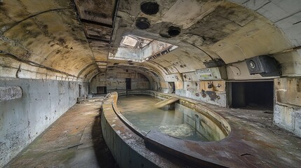 Decaying Legacy: Abandoned Submarine Base Interior with Stagnant Water