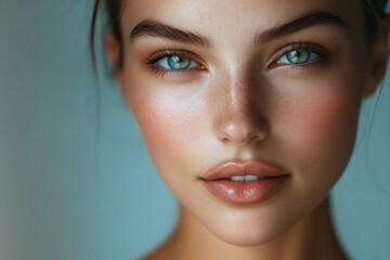Fototapeta premium Flawless close up portrait of a woman with radiant skin and captivating green eyes in natural light setting. Generative AI