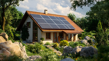 Solar Panels on Roof in Rural Countryside Landscape