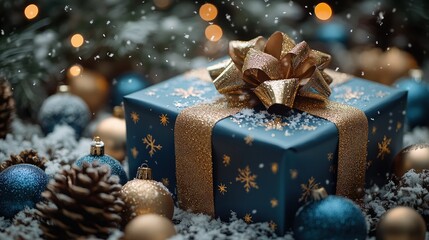 Winter Scene with Blue Gift Box and Gold Ornaments for Christmas Celebration
