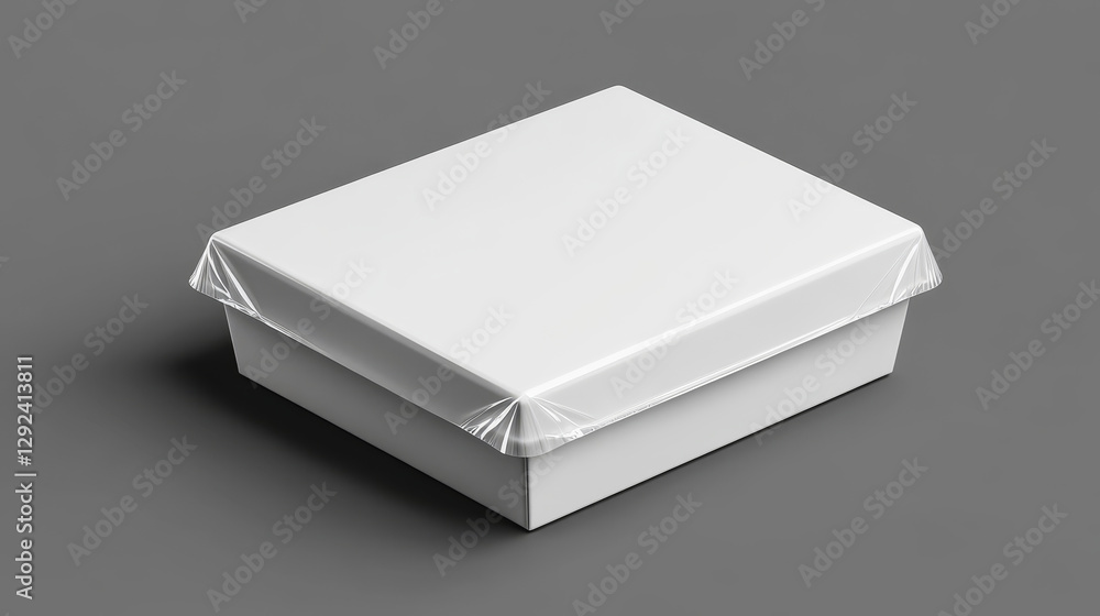 Poster white plastic container and styrofoam tray with transparent wrap foil cover. realistic 3d vector top