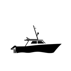 Black silhouette of a motorboat sailing, with a white background, capturing the feel of a calm water on the sea, as a vector.