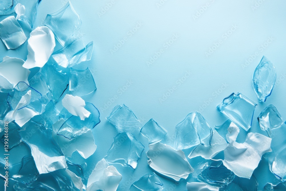 Poster plastic fragments scatter across ocean waves highlighting pollution concerns and environmental impac