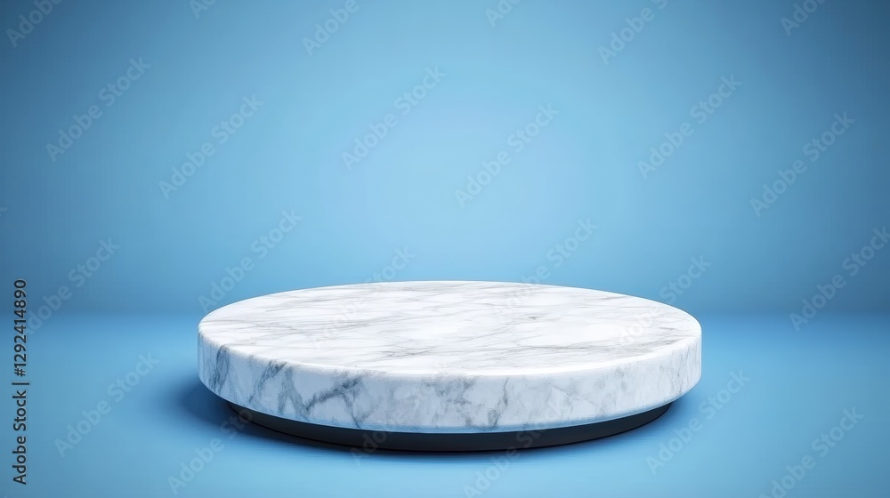 Poster close-up of a white marble table top on a blue background with minimalistic design and high fidelity