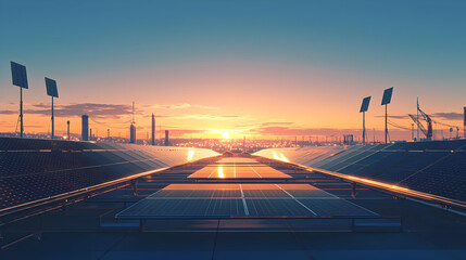 Fototapeta premium Urban Landscape with Solar Panels At Sunset