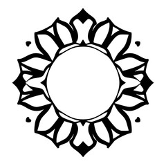 Black and white floral mandala design, stylized, abstract, and symmetrical, centered on a blank white circle.