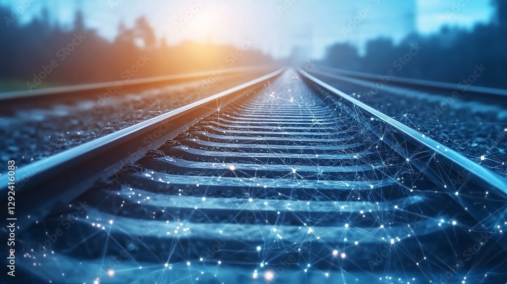 Poster abstract representation of railway tracks with glowing network connections for transport