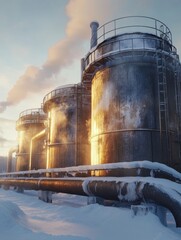 Obraz premium Cryogenic storage tanks with frost covered pipes and cold mist during winter sunrise. Generative AI